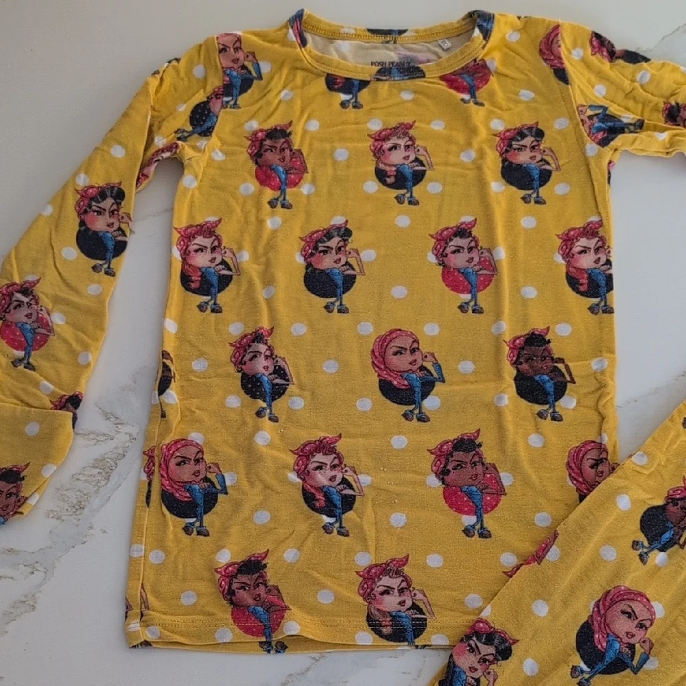 Posh Peanut Yellow Character Print Long Sleeve Pajama Set with White Polka Dots